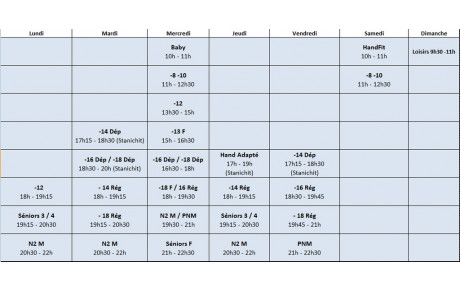 Planning des entraînements 2019-2020